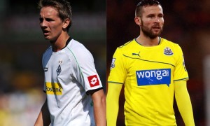 Borussia Monchengladbach striker Luuk de Jong and Yohan Cabaye Newcastle