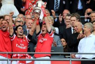 Mikel Arteta Arsenal celebrate with the FA Cup trophy