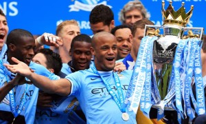 Vincent Kompany Manchester City captain lifts the premier league trophy