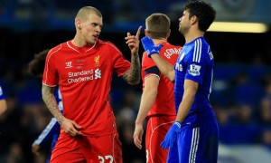 Diego Costa and Martin Skrtel Chelsea v Liverpool Capital One Cup