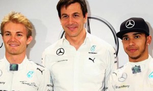Mercedes boss Toto Wolff with Lewis Hamilton and Nico Rosberg