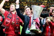 Sevilla manager Unai Emery Europa League trophy
