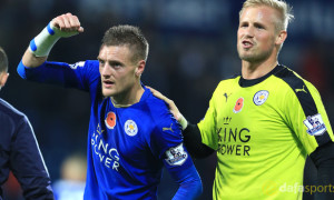 Leicester City Kasper Schmeichel and Jamie Vardy