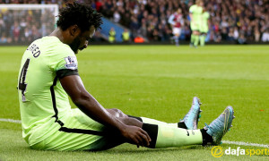 Manchester City Wilfried Bony sits injured