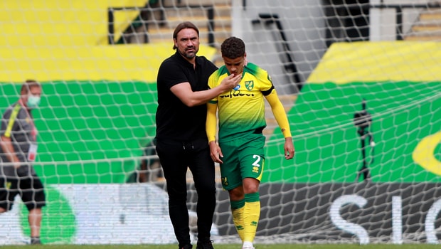 Norwich City manager Daniel Farke with Max Aarons